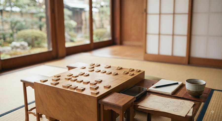 和室の縁側に置かれた将棋盤とスマートフォン。先を読むことを表現した画像