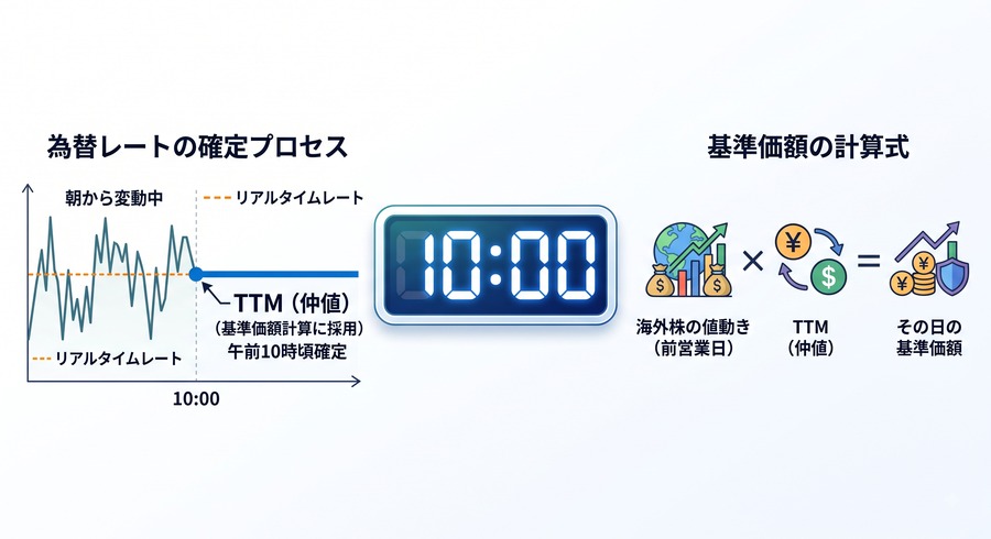 午前10時にTTM（仲値）が確定し、海外株の値動きに掛け合わせてその日の基準価額が決まることを示した図
