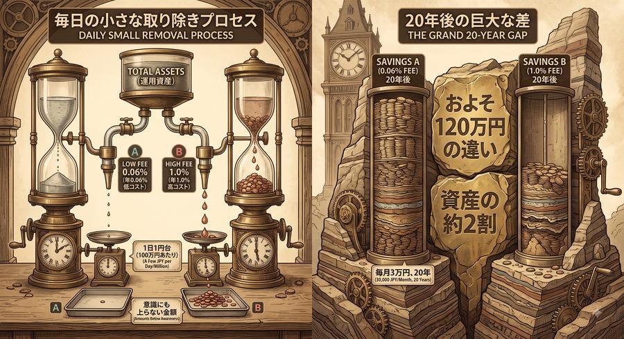 信託報酬が毎日引かれ、20年で大きな差になる様子を砂時計で表した図